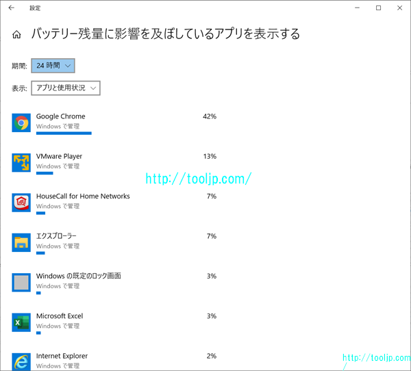バッテリ残量に影響を及ぼしているアプリを表示する